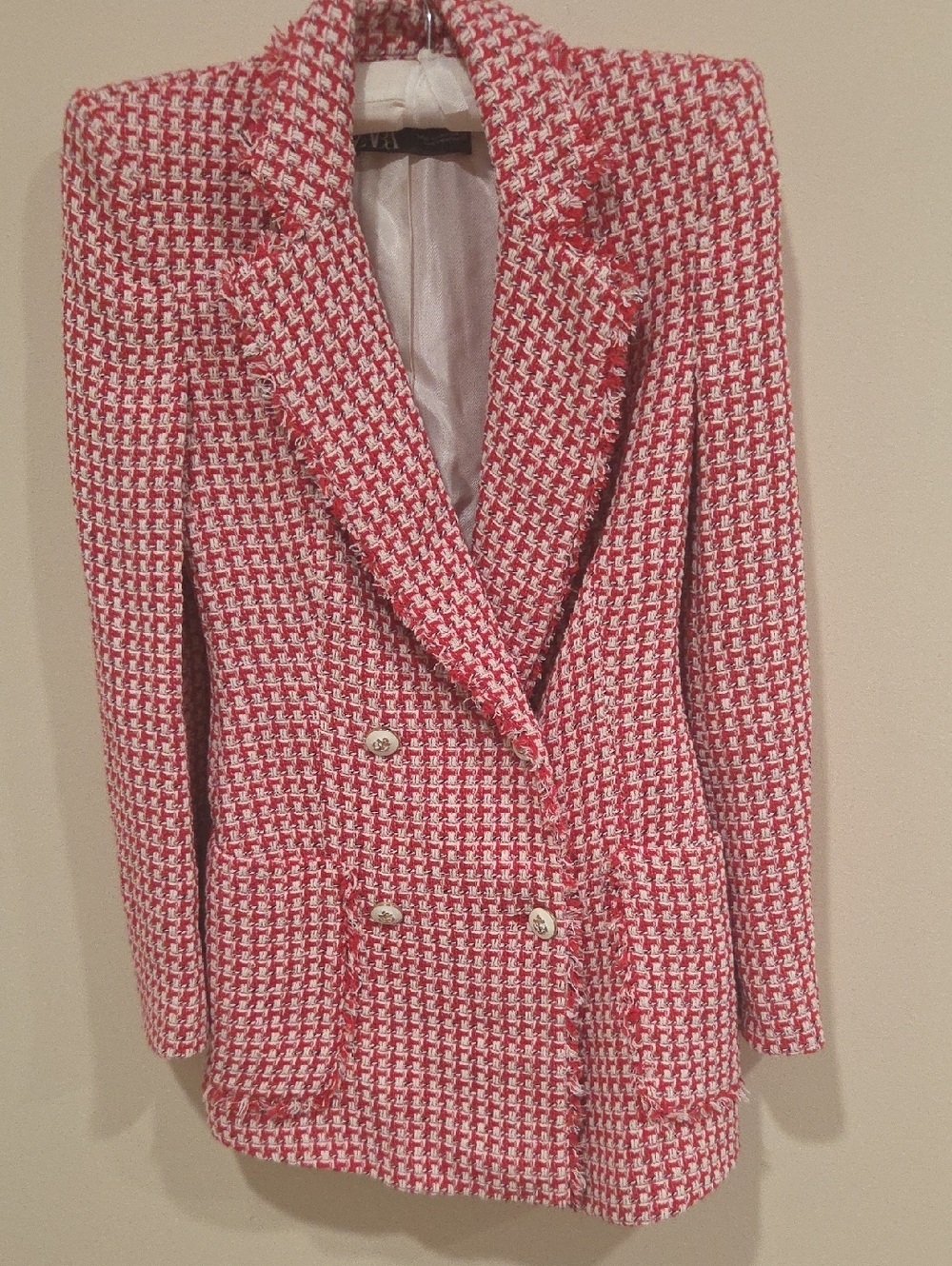 Zara Red & White Houndstooth Double-Breasted Blazer